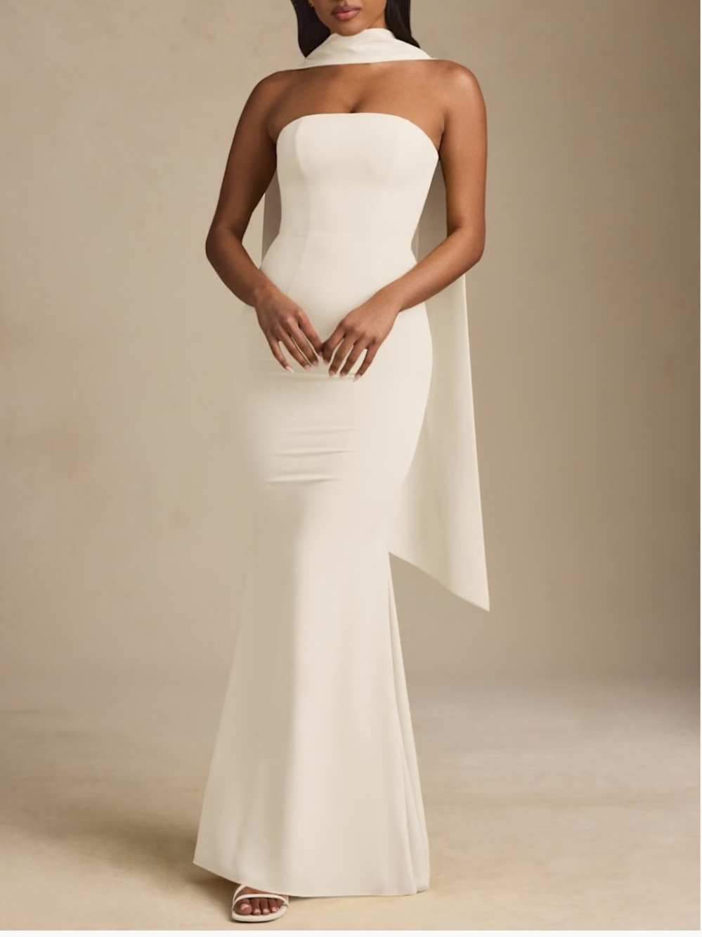 Oh Polly Ivory Strapless Mermaid Gown with Draped Neck Scarf